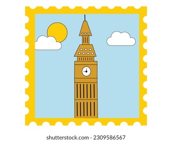 Vector travelling stickers. Travelling stamps with famous landmarks of the world. Big Ben London stamp with white background. London United Kingdom famous landmark stamp sticker.