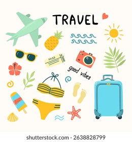 Vector travel-themed illustration with colorful summer elements: plane, suitcase, bikini, passport, and tropical icons. Flat cartoon style, perfect for vacation, tourism, and lifestyle design.