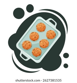 Vector tray with chocolate chip cookies. Fresh baked dessert. Cozy homemade snack concept.