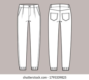 Vector trchnical sketch of joggers pants with cords and pockets. Front and back side. Unisex troussers.