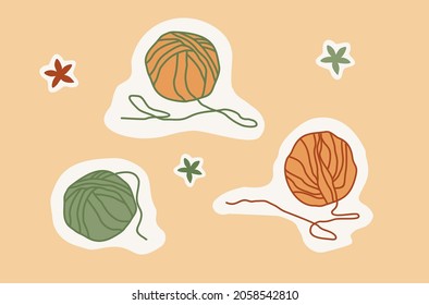 Vector treads for knitting. Set of hygge elements. Warm and cozy icons. Illustration with cute things and objects.