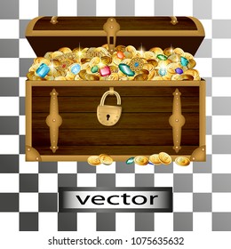 Vector. Treasure chest, open. Scattered gold coins, gold precious stones in an old trunk, wealth, money, coins. Pour a bunch of jewels. Realistic illustrations, 3D.