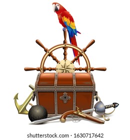 Vector Treasure Hunt Concept with Parrot isolated on white background