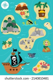 Vector treasure island map with pirate ship, mermaid, octopus. Cute tropical sea isles with sand, palm trees, volcano, rocks, waterfall illustration. Treasure island picture with chest, gold coins
