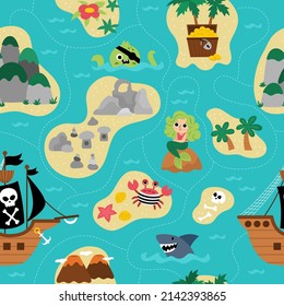 Vector treasure island seamless pattern with pirate ship, mermaid, octopus. Cute repeat background with tropical sea isles, sand, palm trees, volcano, rocks. Treasure island digital paper
