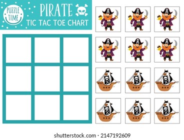 Vector treasure island tic tac toe chart with pirate and ship. Sea adventures board game playing field with cute characters. Funny marine printable worksheet. Noughts and crosses grid