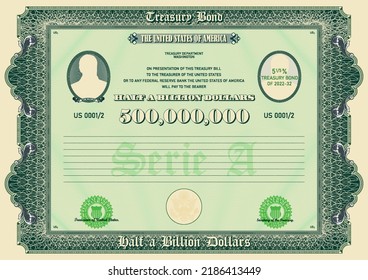 Vector treasury bond with a face value of half a billion US dollars. Retro frame with guilloche pattern. Ribbon with the inscription McKinley