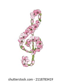 Vector treble clef of apple tree flowers. Romantic music symbol.