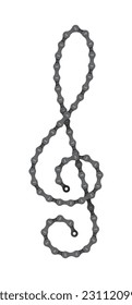 Vector treble clef composed of realistic bike chain. Isolated on white background. Isolated on white background.