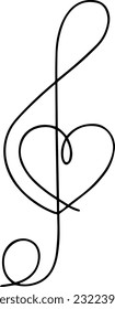 Vector Treble Clef with Heart. Outline vector linear drawing on a transparent background. The emotion of love for music. Music fills life with colors, inspires, and heals.