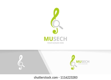 Vector treble clef and loupe logo combination. Music and magnifying symbol or icon. Unique sound and search logotype design template.