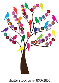 vector tree with alphabet letters and birds