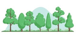 Vector tree background graphic - Set of various simple cute cartoon 2d trees in flat design standing in straight line with grass. Vector illustration on white background