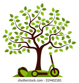 vector tree with ball and scooter isolated on white background