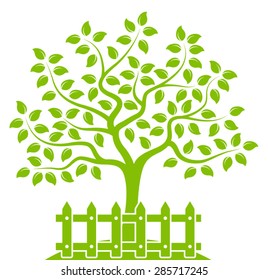 vector tree behind picket fence isolated on white background