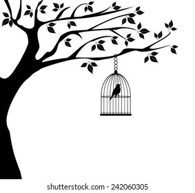 vector tree and bird in a bird cage