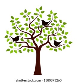 vector tree with birds isolated on white background