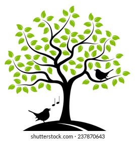 vector tree with birds isolated on white background