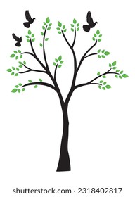 vector tree with birds and leaves isolated on white background for your design