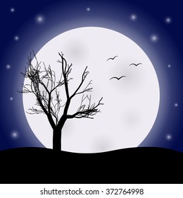 Vector tree and birds silhouettes over the full moon and stars