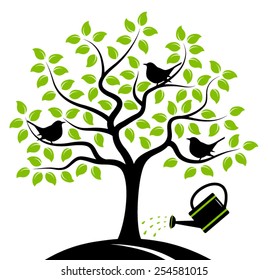 vector tree with birds and watering can isolated on white background