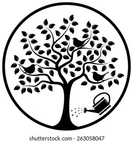 vector tree with birds and watering can in round isolated on white background