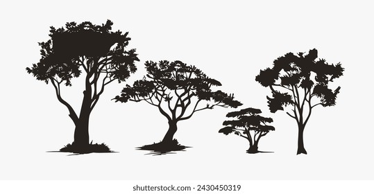 Vector tree black silhouette forest bush landscape background realistic foliage. Black tree vector silhouette set