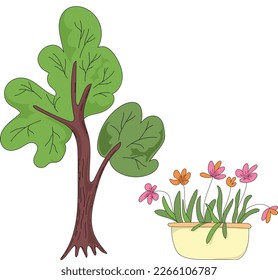 Vector Tree and Blooming Flowers Illustration Children Cute Drawing and Background. 
