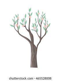 Vector tree in blossom. Green stylish plant isolated on white with beautiful flowers. Cartoon style tree. Editable element for your design. Part of series of different trees. Vector illustration.