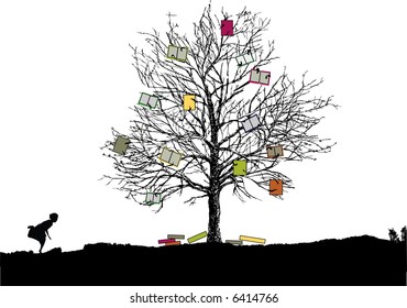 vector - tree with books and child