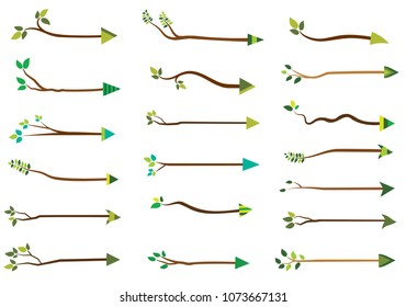 Vector tree branch arrows with green leaves for natural and organic product designs