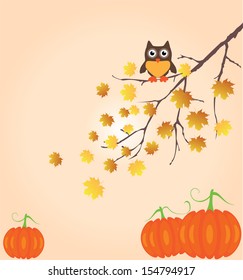 vector tree branch in fall with owl and pumpkins