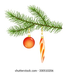 Vector tree branch hanging Christmas decorations on white background