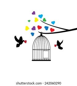 vector tree branch with hearts, doves, cage