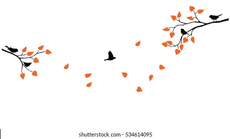 Vector tree branches with leaves and birds silhouettes