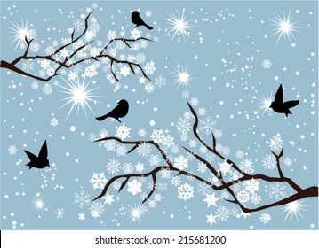 vector tree branches with snowflakes and bird silhouettes Christmas background