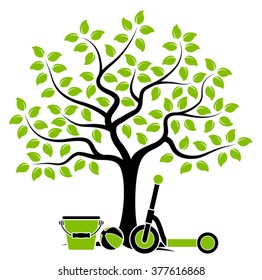 vector tree with bucket, ball and scooter isolated on white background