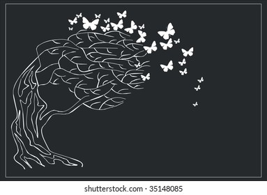 Vector. Tree with butterfly in black 02