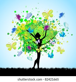 vector tree of butterfly and girl silhouette