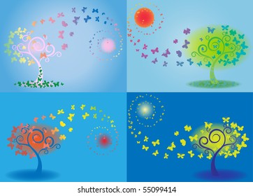 vector tree of butterfly, morning, day, evening, night