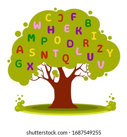 Vector tree in cartoon style with alphabet on it. Love reading. Education for kids. Colorful English letters