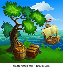 Vector tree, chest and wooden box on background sea with ship