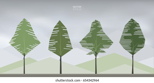 Vector tree collection with mountain background.