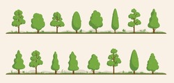 Vector tree collection - Set or bundle of various simple cute cartoon 2d trees in flat design lines up on line with grass and foliage. Vector illustration graphic objects or elements background