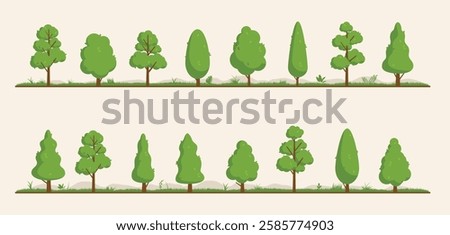 Vector tree collection - Set or bundle of various simple cute cartoon 2d trees in flat design lines up on line with grass and foliage. Vector illustration graphic objects or elements background