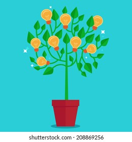 Vector tree concept in flat style - green plant with light bulbs on the branches - idea concept
