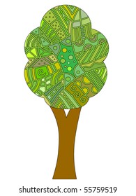 Vector tree with different green pattern over white background