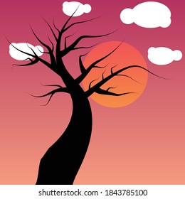 Vector tree with evening sky. Evening tree with sunset. Beautiful vector scenery.