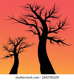 Vector tree with evening sky. Evening tree with sunset. Beautiful vector scenery.