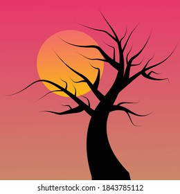 Vector tree with evening sky. Evening tree with sunset. Beautiful vector scenery.